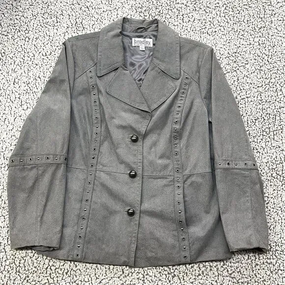 Bradley Bayou Genuine Suede Leather Jacket Womens XL Gray Studded Button Front - Picture 16 of 16